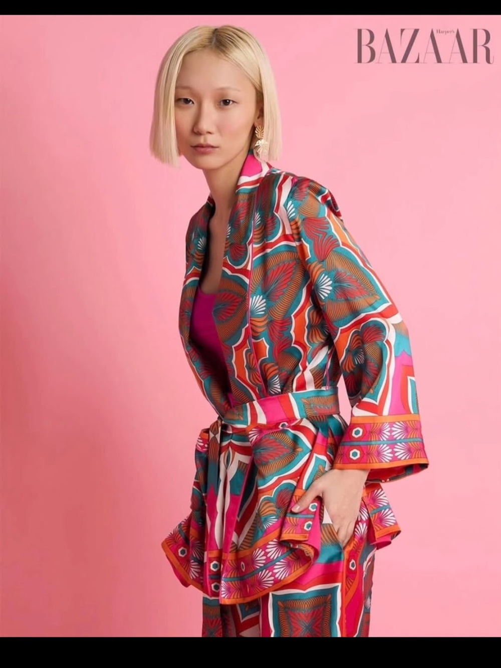 Zara Multicolor Floral Satin Belted Robe — Pink, Orange & Teal